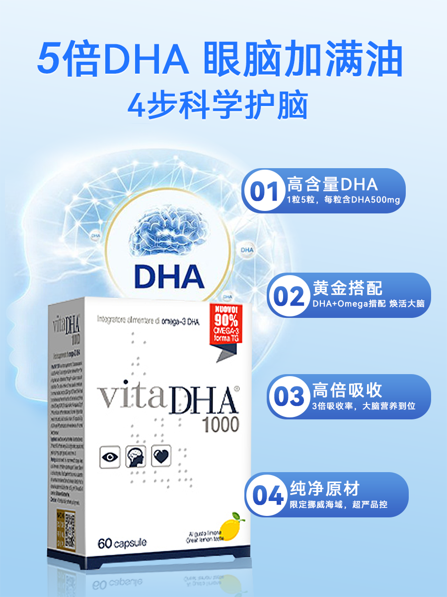 金凯撒王子90%纯度记忆力备考鱼油软胶囊vitaDHA1000初高中生考研-图0