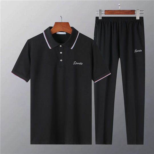 两件套棉质短袖t恤夏季中老年人男士爸爸夏装大码休闲运动服套装