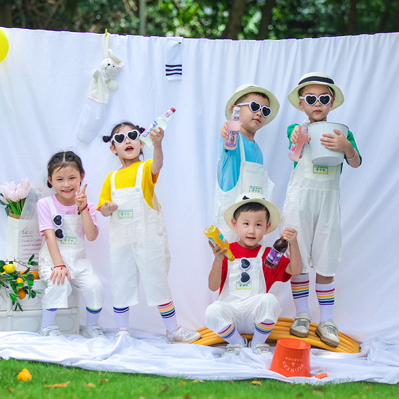 儿童糖果色T恤白色背带裤演出服幼儿园亲子舞蹈服合唱服啦啦队服,淘宝优惠券,粉丝福利购,淘宝优惠卷