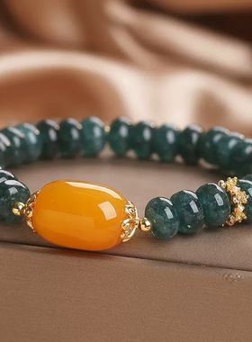 复古绿水翡翠手链女轻奢防禾田玉黄色蜜蜡手串送妈妈生日礼物闺蜜