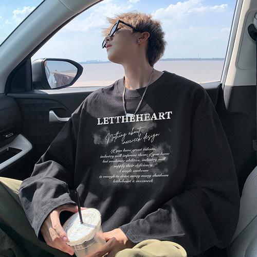 美式重磅纯棉长袖t恤男士秋冬季宽松大码白色内搭上衣男女打底衫 - 图1