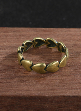 热卖INS爱心复古做旧古铜戒指黄