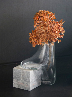 轻奢大理石底座玻璃花瓶摆件艺术抽象流动异形水培花器样板间饰品