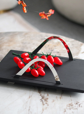 现代手提金属拱桥托盘摆件家居客厅实木收纳盘提盒样板房软装饰品