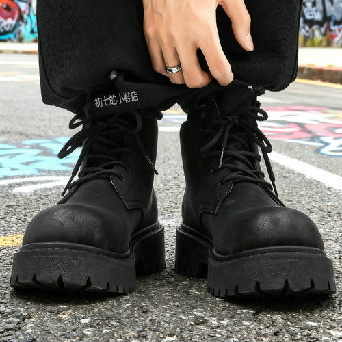 男士马丁靴复古短靴英伦厚底增高靴子中帮皮鞋短筒哑光黑色机车靴 - 图1