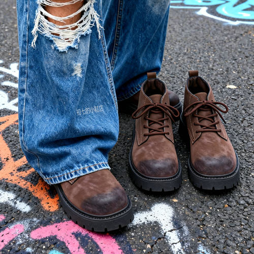 男士马丁靴复古短靴英伦厚底增高靴子中帮皮鞋短筒哑光黑色机车靴 - 图2