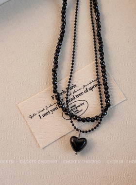 黑色爱心水晶串珠choker双层项链