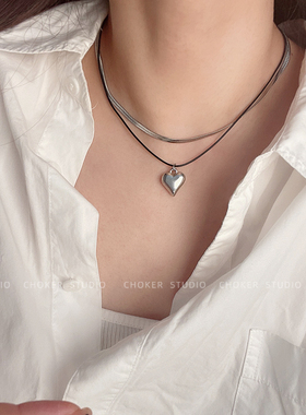 双层叠戴爱心蛇骨链项链