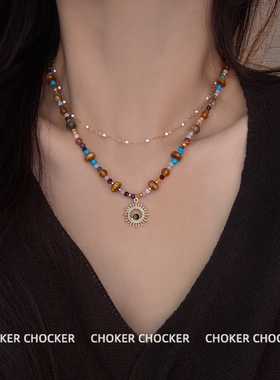 复古太阳花串珠项链高级感