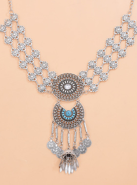 波西米亚风复古银色钱币流苏项链