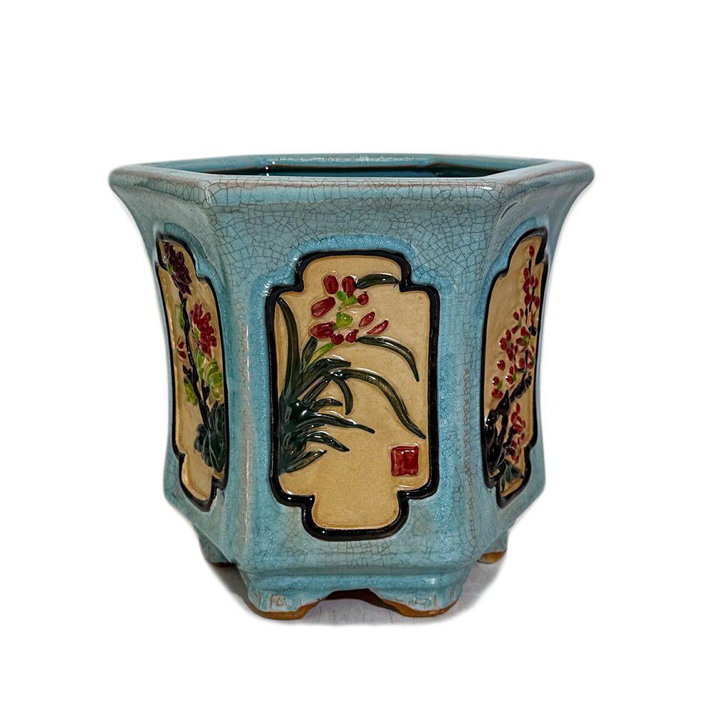 彩绘冰裂仿石湾风格花盆陶瓷六角盆景盆开窗浮雕高身收腰六方花盆,淘宝优惠券,粉丝福利购,淘宝优惠卷