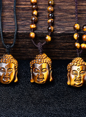 天然黄虎眼石吊坠男女款虎睛观音佛吊坠情侣款佛头木变石挂件吊坠