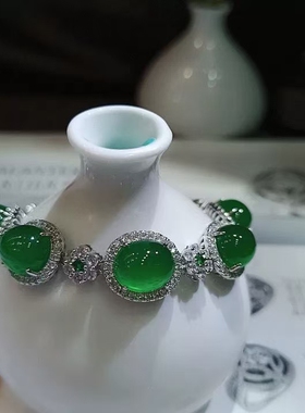 女绿玉髓925银镶嵌玉石手链手串