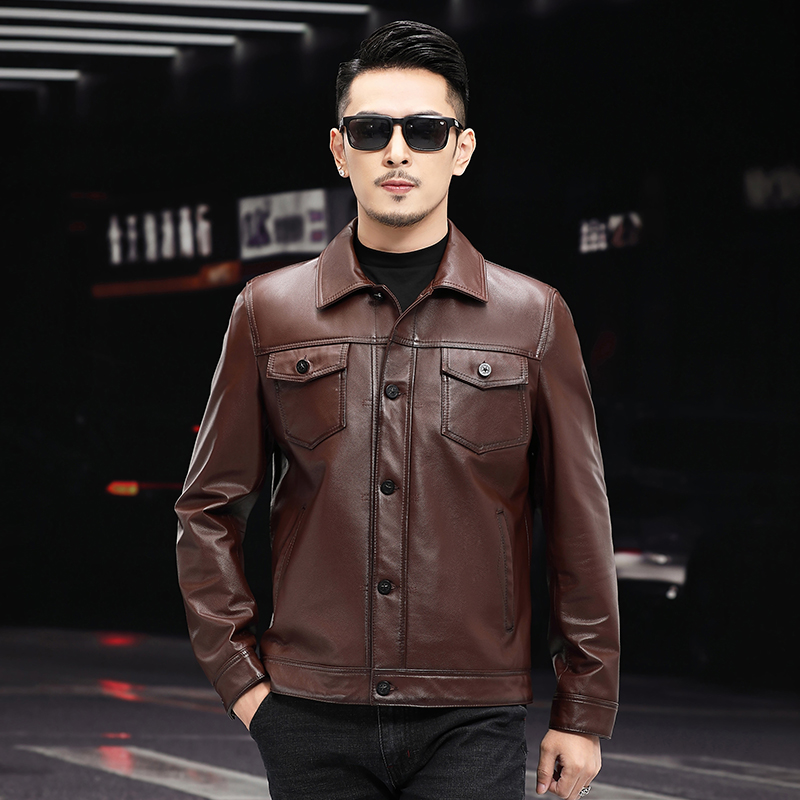 海宁新款真皮皮衣男士头层小牛皮外套春秋季中青年翻领立领皮夹克 - 图1
