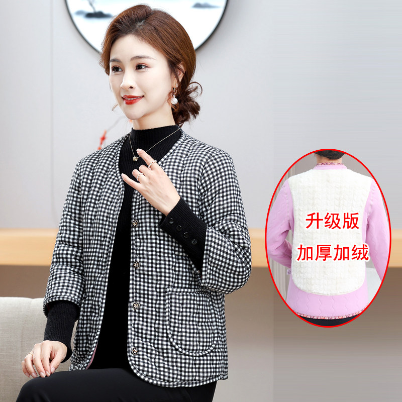 中老年人女装秋冬装加绒小棉衣妈妈薄款碎花保暖内衣短款格子外套,淘宝优惠券,粉丝福利购,淘宝优惠卷