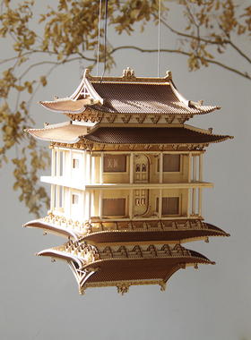 2021新中式古建筑模型木质成品软装饰品空间悬吊式玄关挂件