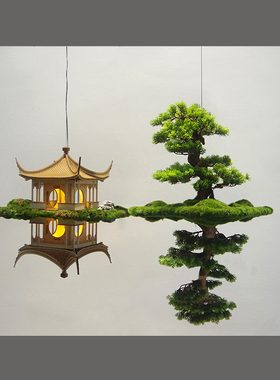 新中式酒店餐厅会所古建筑亭子木质模型造景悬挂饰品室内软装吊饰