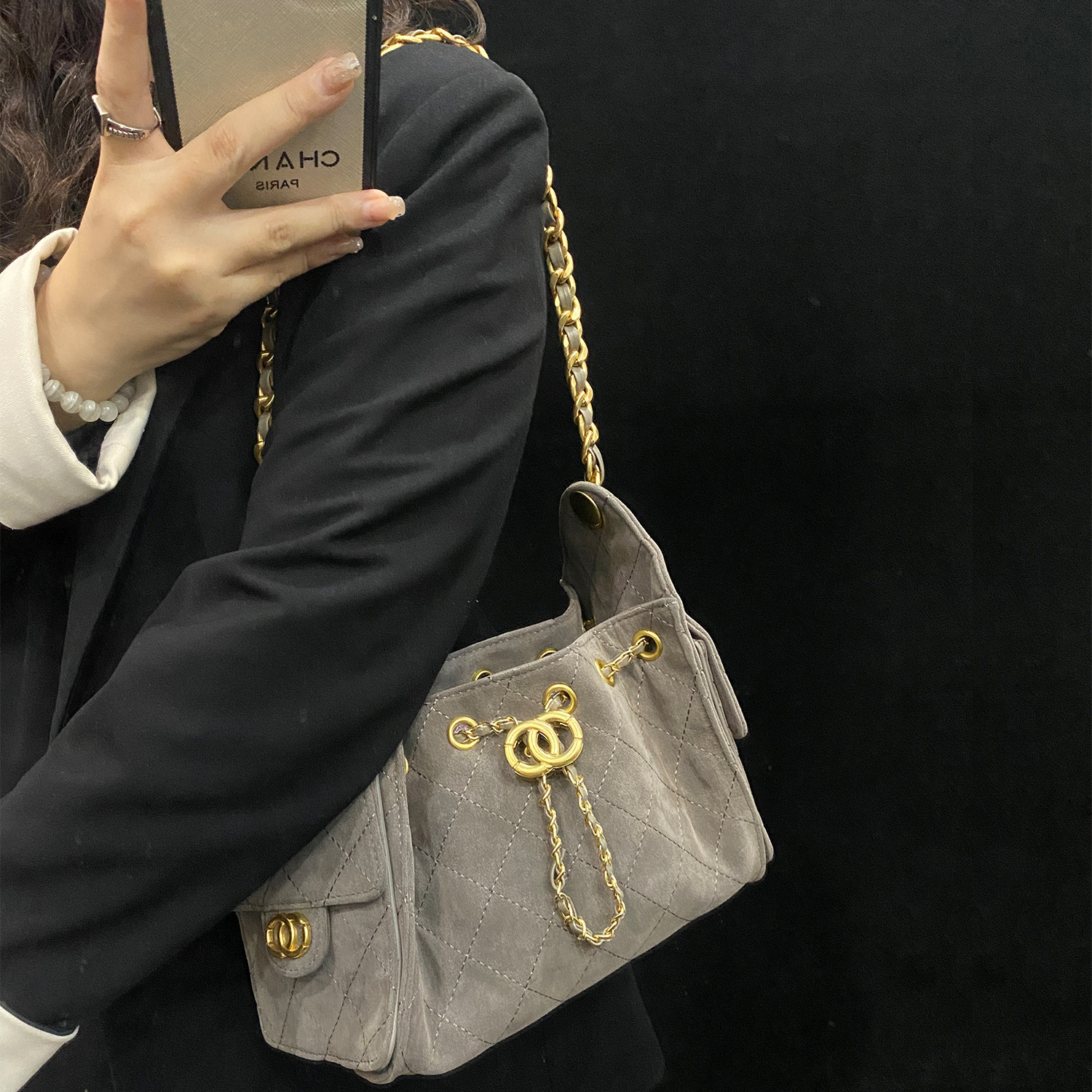 灰色包包小香风25c hobo bag嬉皮包2025巨好看水桶包托特包女鹿皮,淘宝优惠券,粉丝福利购,淘宝优惠卷