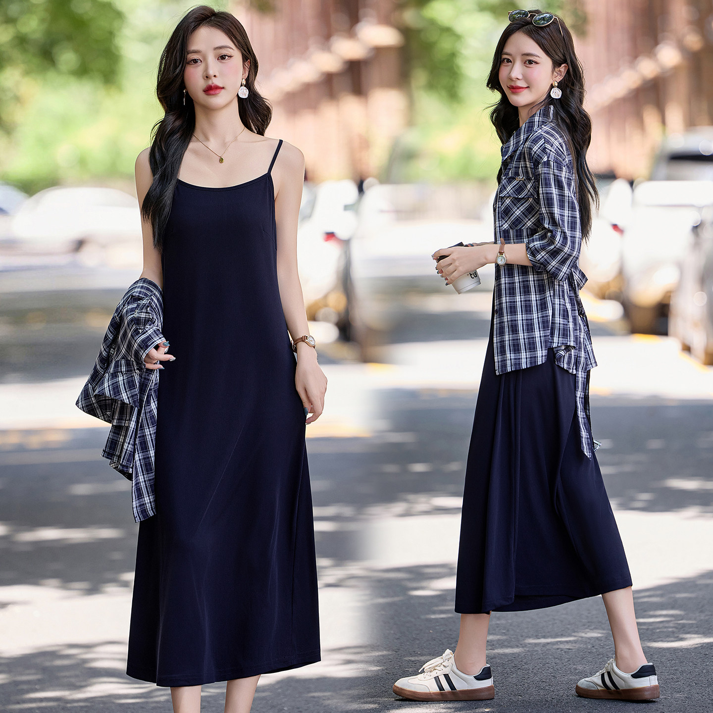 长袖吊带连衣裙套装女2026春季新款收腰格子衬衫外套背心裙两件套,淘宝优惠券,粉丝福利购,淘宝优惠卷