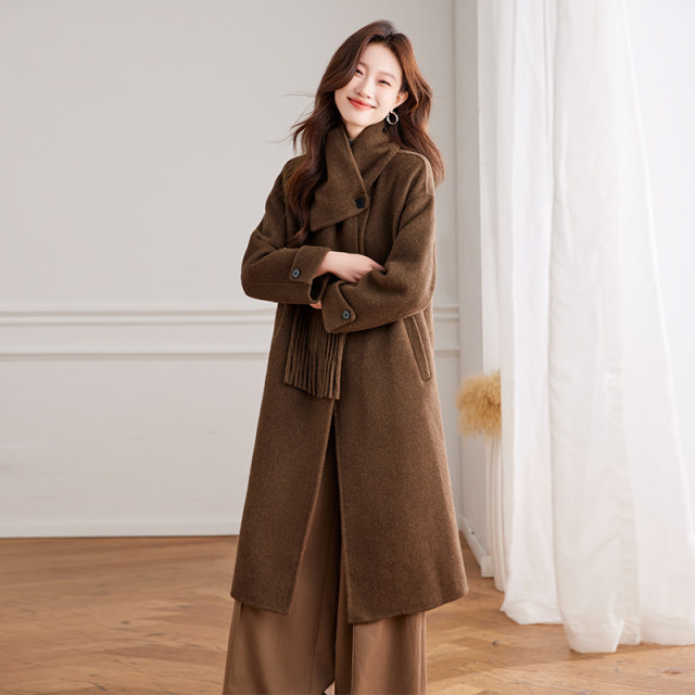 双面羊毛大衣女中长款小个子2025年秋冬新款高级感围巾羊毛呢外套