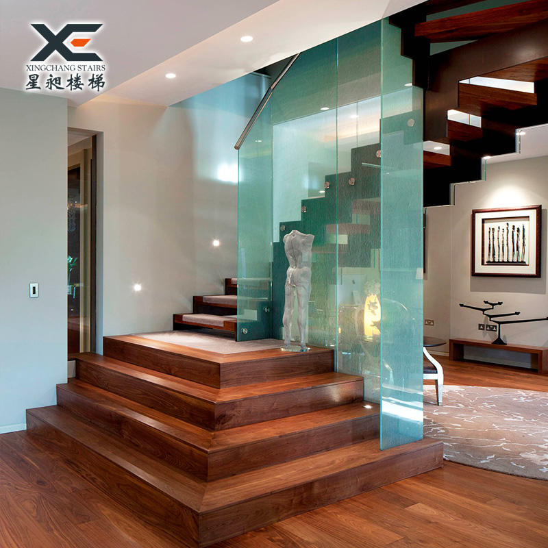 槽钢双梁钢木定制楼梯室内整体跃层欧式复式阁楼玻璃loft楼梯DIY-图2