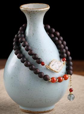 降真香佛珠手链女士和田白玉祥云南红玛瑙绿幽灵6MM木手串双圈款