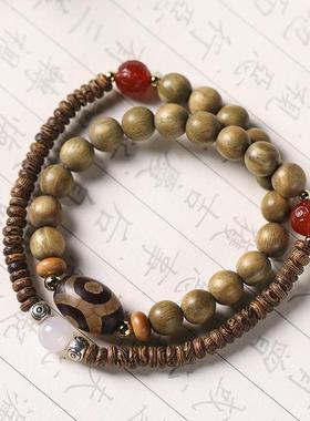 国潮古风绿檀木鸡翅木片珠DIY双圈念珠手串女玛瑙文玩木质8mm男款