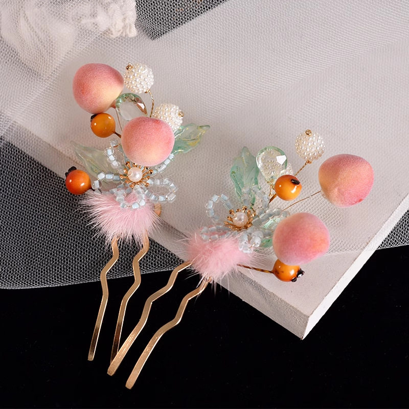 古风汉服小桃子绒花粉色发夹仙桃甜美古代配饰毛绒发夹流苏百搭,淘宝优惠券,粉丝福利购,淘宝优惠卷