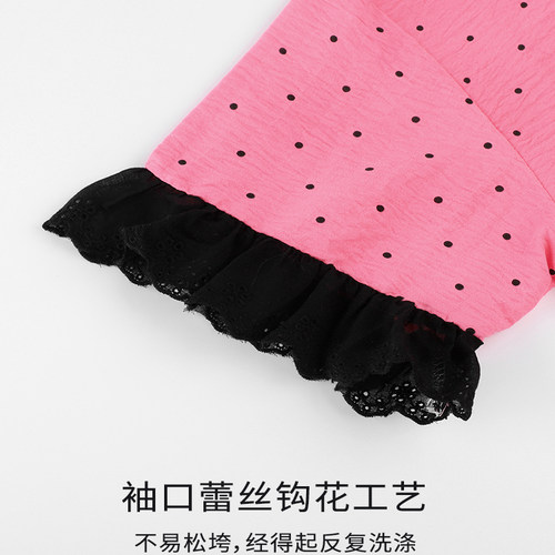 AN粉色波点短袖睡衣女夏季开叉蕾丝长裤开衫可外穿甜美棉感家居服 - 图0