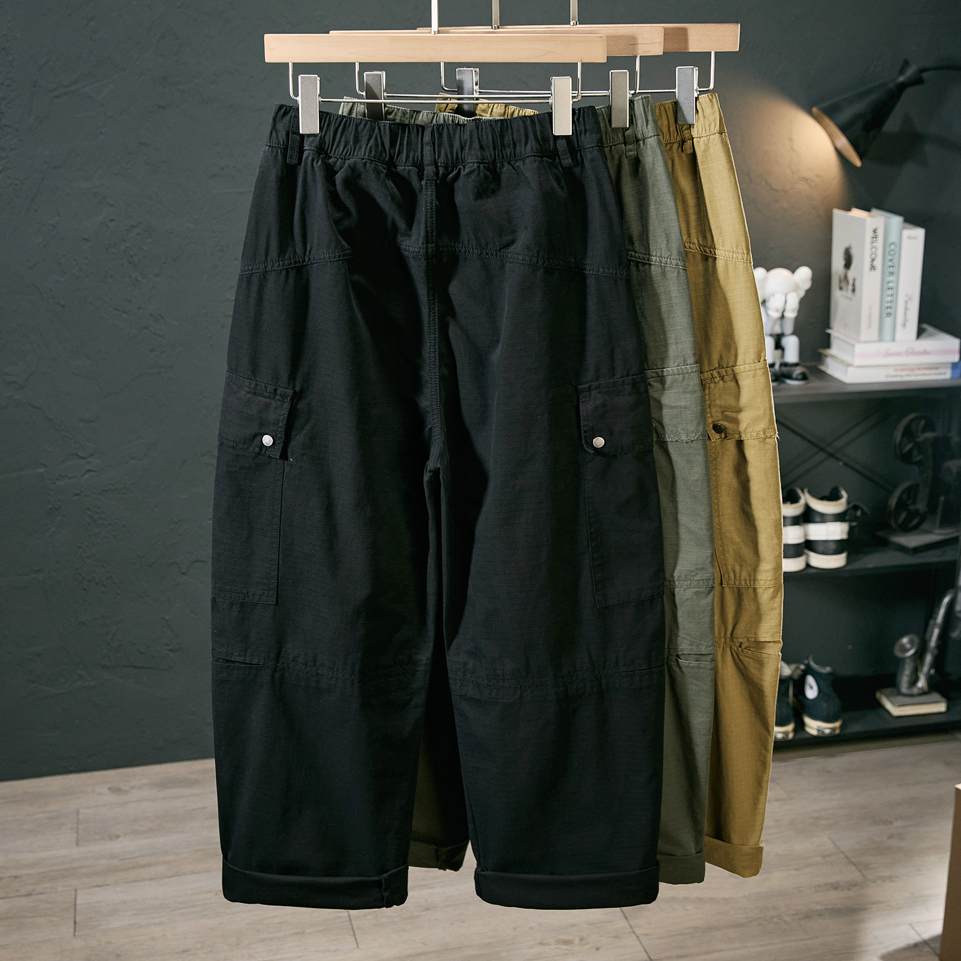 秋季新款纯棉复古工装裤男潮流百搭纯色宽松多口袋阔腿直筒休闲裤,淘宝优惠券,粉丝福利购,淘宝优惠卷