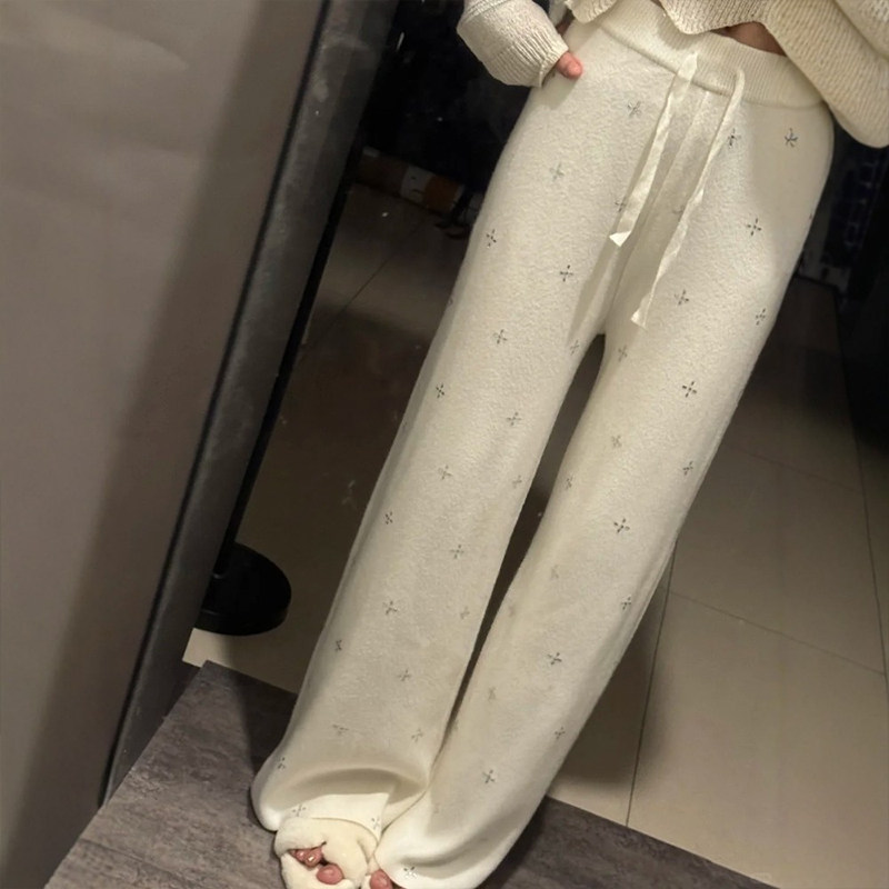 白色裤子韩系慵懒风闪钻阔腿针织糯米裤女大码胖mm显瘦休闲直筒裤,淘宝优惠券,粉丝福利购,淘宝优惠卷