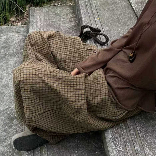 美拉德咖色格子阔腿裤秋季休闲裤子宽松bf慵懒风大码女装格纹长裤 - 图2