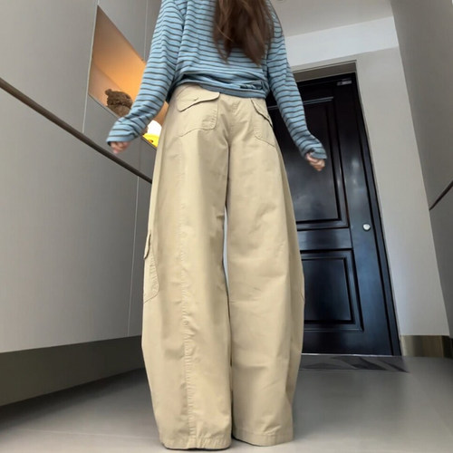 弯刀卡其色老钱风裤子大码胖mm工装裤女款2026新款高腰阔腿镰刀裤 - 图2