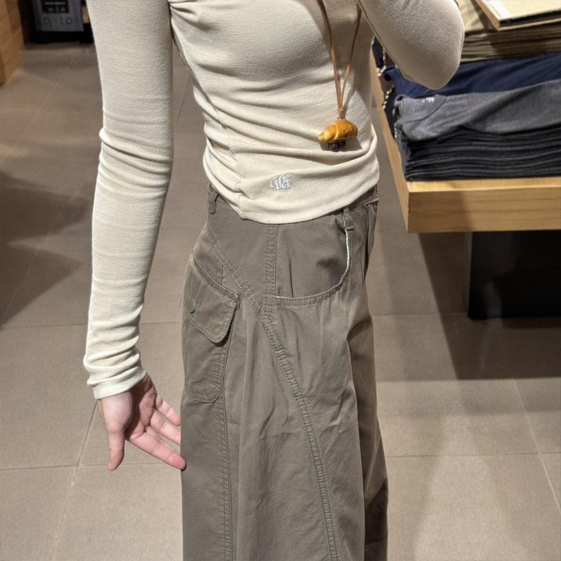 美式复古军绿色阔腿工装裤子女秋装大码胖mm显瘦设计感休闲弯刀裤,淘宝优惠券,粉丝福利购,淘宝优惠卷