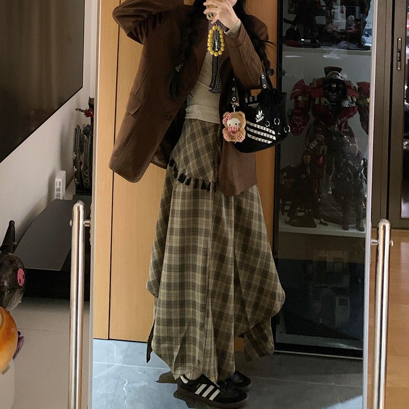 韩系慵懒风不规则格纹半身裙子女秋季胖mm大码显瘦美拉德a字伞裙 - 图1