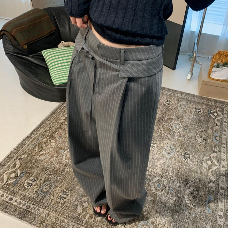 设计感灰色条纹西装裤女阔腿休闲大码慵懒风高智感日常通勤裤子春,淘宝优惠券,粉丝福利购,淘宝优惠卷