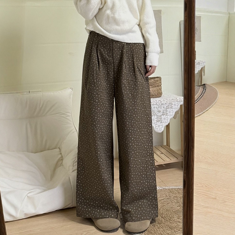 咖色碎花裤子梨型身材粗腿宽胯女大码胖mm巨好看宽松慵懒风阔腿裤,淘宝优惠券,粉丝福利购,淘宝优惠卷