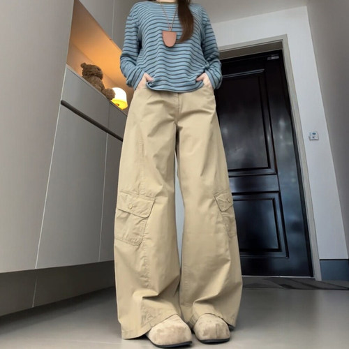 弯刀卡其色老钱风裤子大码胖mm工装裤女款2026新款高腰阔腿镰刀裤 - 图1