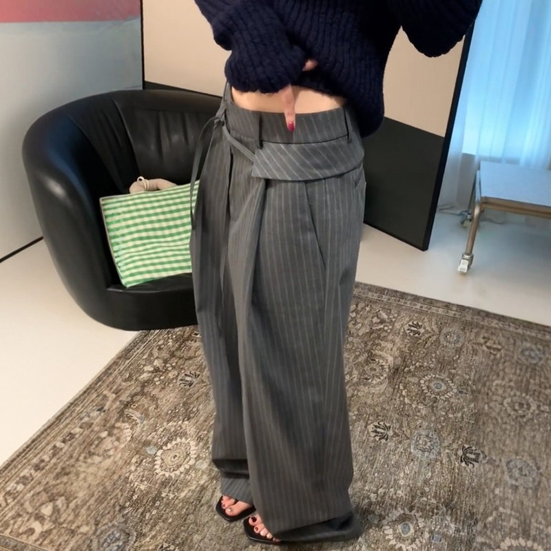 设计感灰色条纹西装裤女阔腿休闲大码慵懒风高智感日常通勤裤子春,淘宝优惠券,粉丝福利购,淘宝优惠卷