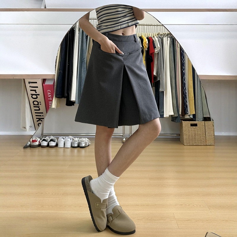 灰色叠褶西装短裙裤女款大码胖mm小个子显瘦a字百褶五分阔腿裤裙,淘宝优惠券,粉丝福利购,淘宝优惠卷