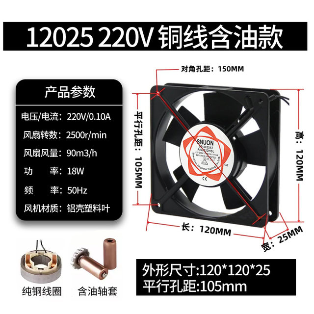 12025 Axial Flow Fan Cabinet Heat Dissipation Full Copper Coil