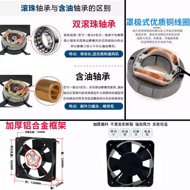 12025 Axial Flow Fan Cabinet Heat Dissipation Full Copper Coil