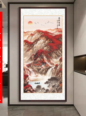 鸿运当头画万里长城自粘走廊山水免打孔挂画办公室客厅竖版画国画