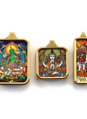 方形藏式唐卡吊坠手绘描金八大守护神黄财神扎基拉姆钛钢唐卡吊坠