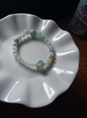 设计甜色天然a货翡翠马卡龙卡7+12+圆珠跑环转运珠手串手链玉珠串