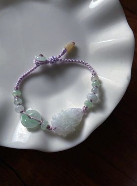 特色招百生财雕刻浅色小白菜手牌天然a货翡翠甜美手绳手链可调节