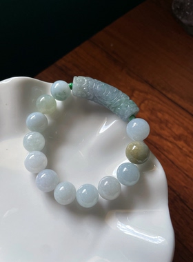 天然a货翡翠灰紫万贯回文雕刻福弯管手牌大卡圆珠转运圆珠手串链