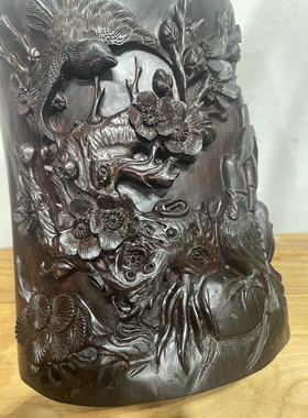 大红酸枝老料笔筒  精工雕刻  口径18*15.5高22厘米，8.3斤！