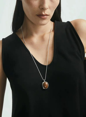 董洁同款椭圆木纹石吊坠项链女