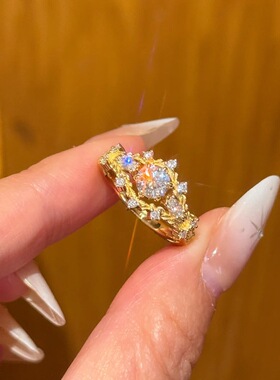 vintage中古枝叶缠绕镀金戒指小众高级感万缕藤蔓手饰锆石钻戒女